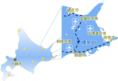北海道における標茶町の位置とその周辺都市を示した画像